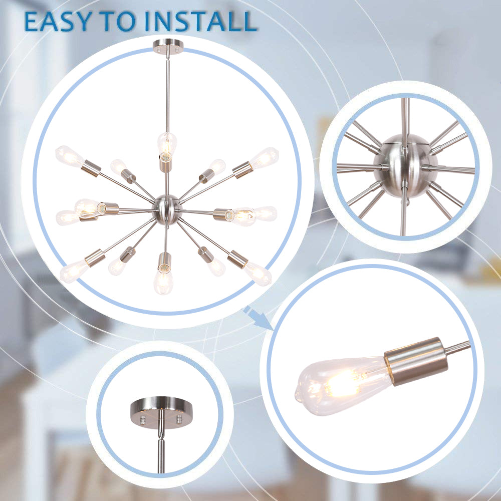 Brushed Nickel Sputnik Ceiling Light – Multi-Directional 15-Light Chandelier with Customizable Height Kitchen Island Hanging Lights for dining rooms entryways