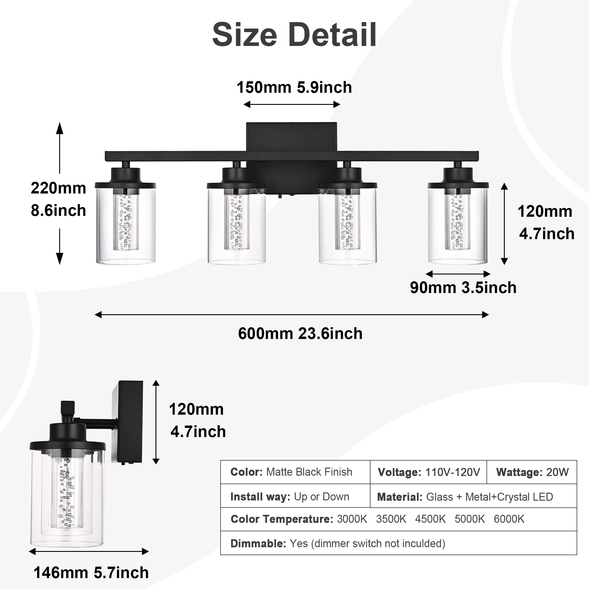 Modern Bubble Crystal 4-Light Vanity Light – 5CCT LED Black Wall Sconce, Adjustable Bulb Orientation, Round Glass & Cylindrical Crystal Shade for Bathroom Glamour