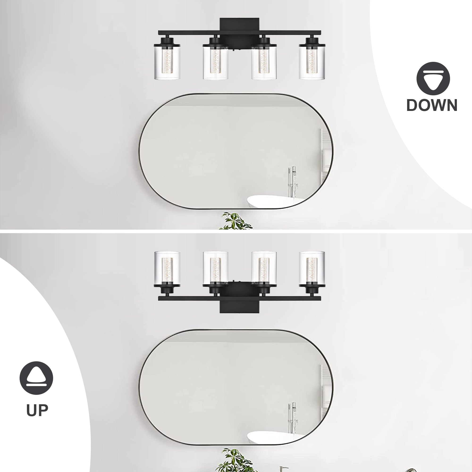 Modern Bubble Crystal 4-Light Vanity Light – 5CCT LED Black Wall Sconce, Adjustable Bulb Orientation, Round Glass & Cylindrical Crystal Shade for Bathroom Glamour