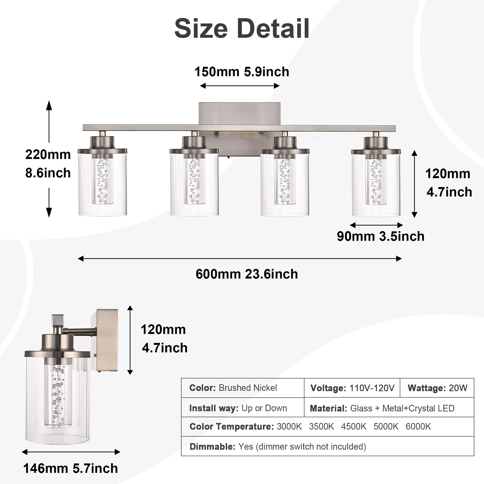 Modern Bubble Crystal 4-Light Vanity Light – 5CCT Adjustable LED Wall Sconce Cylindrical Clear Shade for Bathroom Glamour