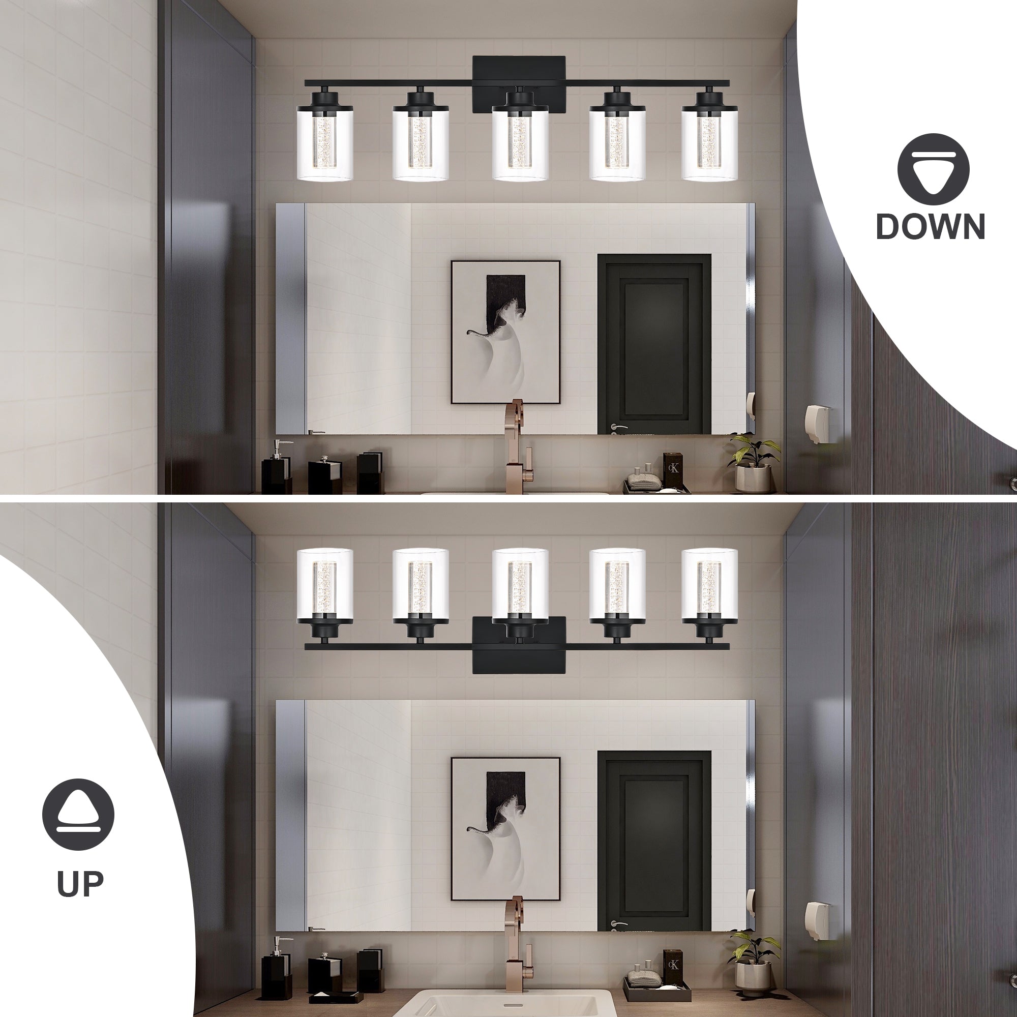 Modern Bubble Crystal 5-Light Vanity Light – 5CCT LED Black Wall Sconce, Adjustable Bulb Orientation, Round Glass & Cylindrical Crystal Shade for Bathroom Glamour