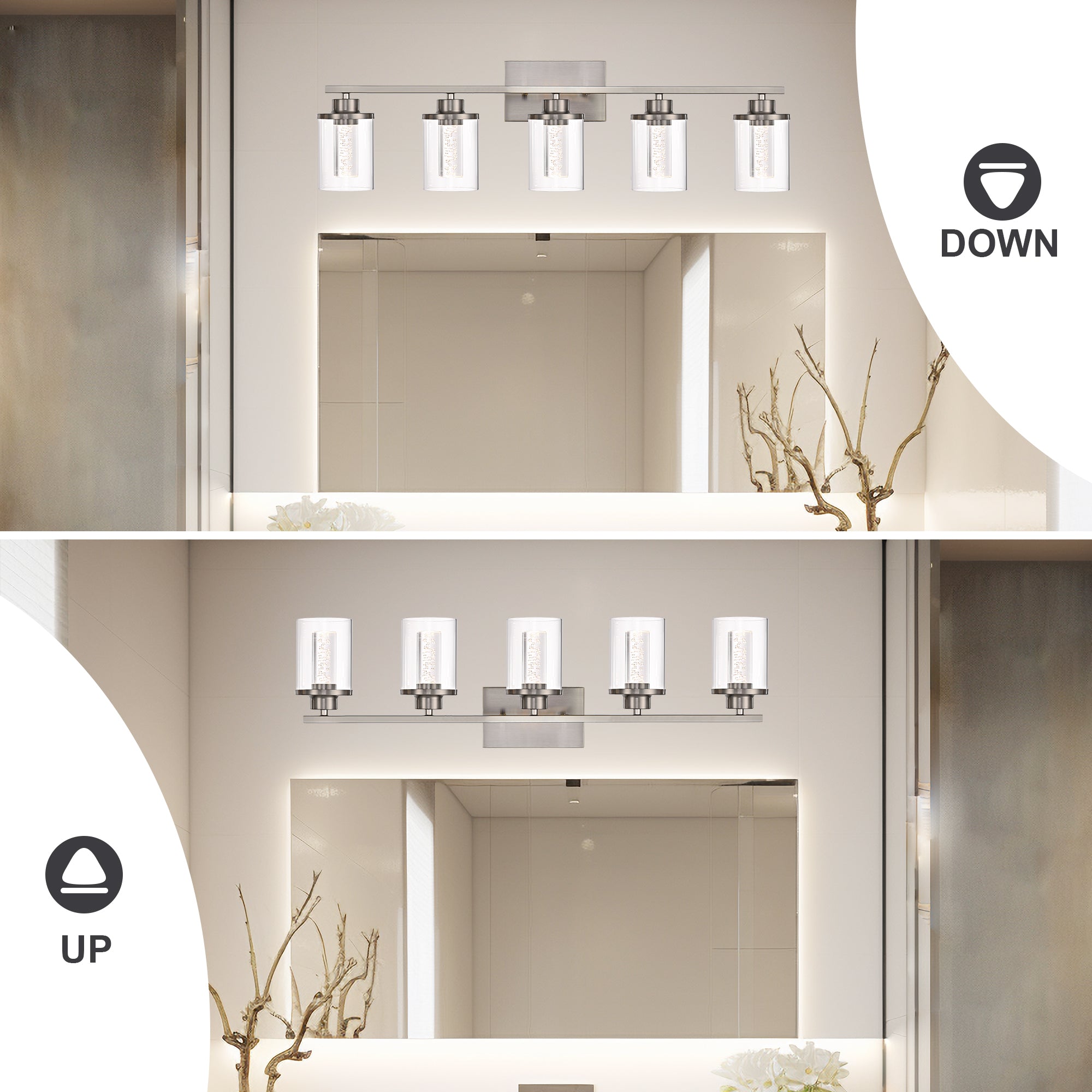 Modern Bubble Crystal 5-Light Vanity Light – 5CCT Adjustable LED Wall Sconce Cylindrical Clear Shade Wall Lights for Bathroom Glamour