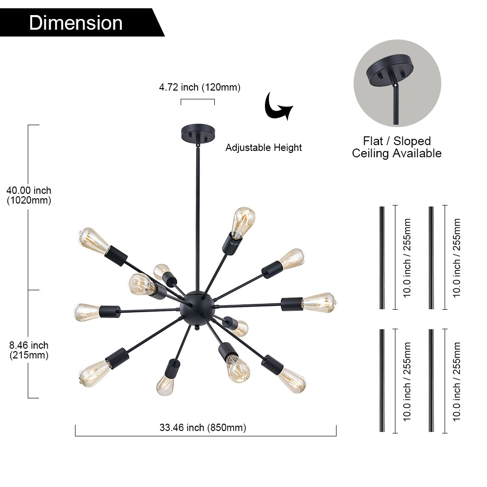Black Sputnik Ceiling Light – Multi-Directional 12-Light Chandelier with Customizable Height Kitchen Island Hanging Lights for dining rooms entryways