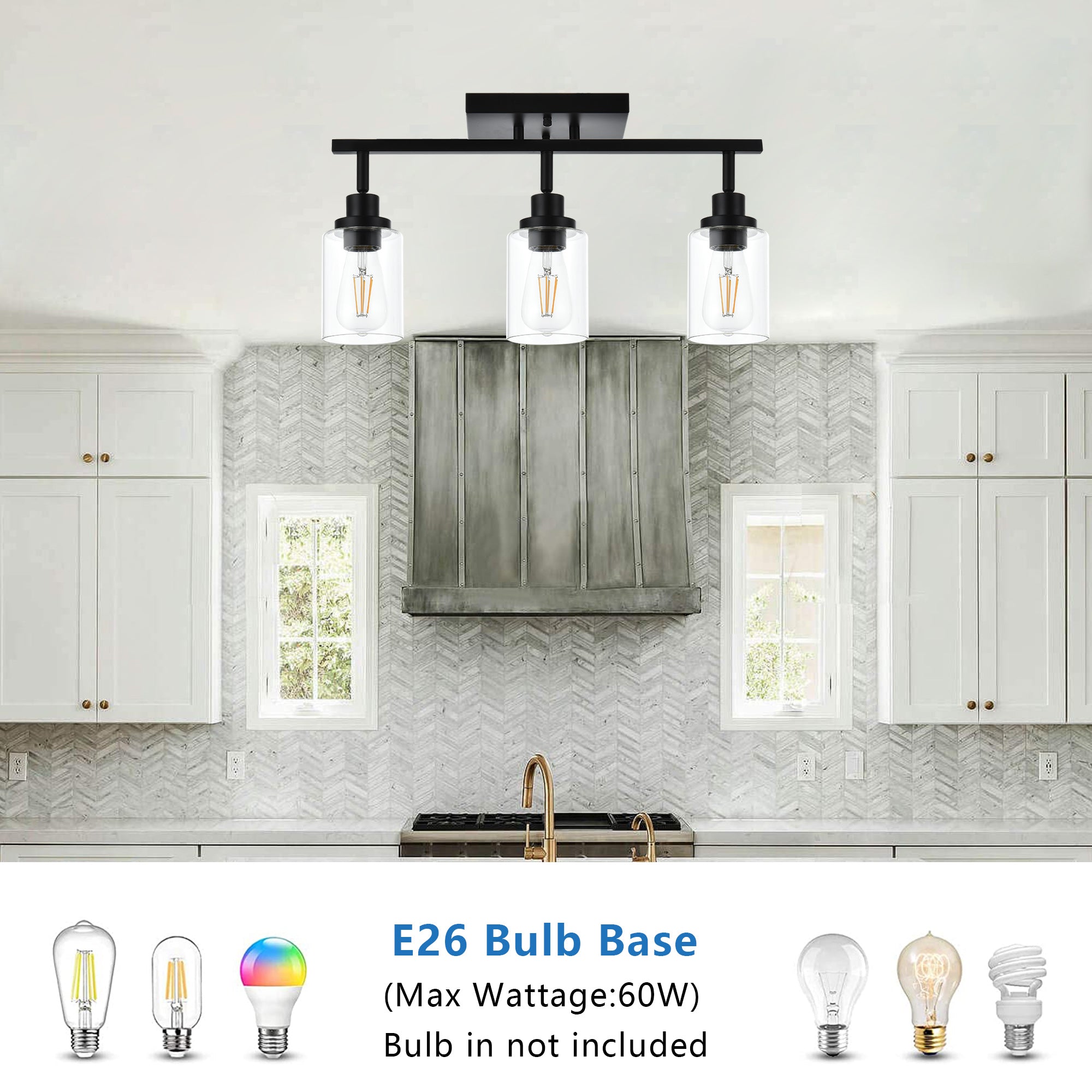 3 Light Bathroom Vanity Light Black Track Lighting Fixtures Ceiling, Vanity Lighting Fixtures with Rotatable Track Head for Hallway Porch Foyer Bath Storage, Clear Glass Shade